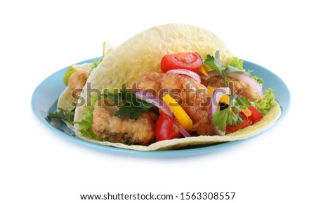Yummy fish tacos with onion isolated on white