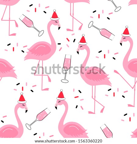 Seamless pattern with flamingo wearing Christmas hat and confetti on white background vector illustration. funny cartoon character.