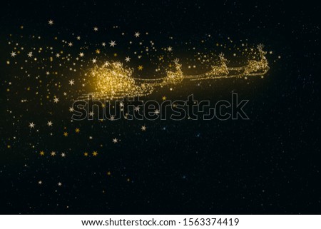 Golden snowy flying Santa Claus on the background of the night sky.