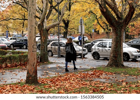 Woman walks on the street in autumn time