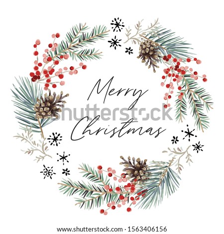 Winter wreath with text Merry Christmas, white background. Green pine, fir twigs, cones, red berries, snowflakes. Vector illustration. Nature design. Greeting card, poster template. Xmas holidays Royalty-Free Stock Photo #1563406156