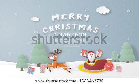 Christmas celebration background. Santa Claus and reindeer in paper cut style. Digital craft paper art.