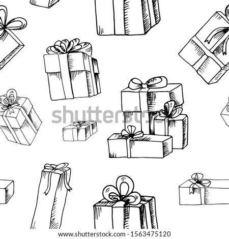 Gifts doodle pattern. Hand drawn gift boxes on transparent backdrop. Seamless vector background. Winter elements for design. Winter theme. Christmas and New Year