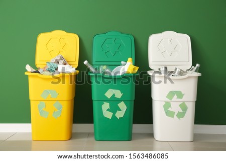 Containers with different types of garbage near color wall. Recycling concept Royalty-Free Stock Photo #1563486085