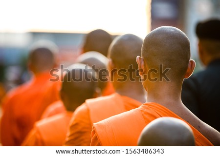 Buddhist monks are walking in row for receive food from people in morning, back side view