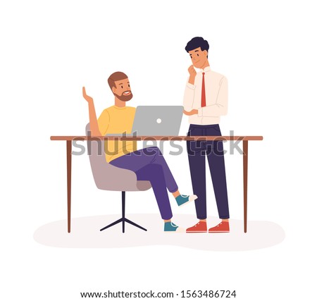 Office work, partnership flat vector illustration. Company staff cooperation, business project planning. Co-workers cartoon characters. Employees in workstation isolated on white background. Royalty-Free Stock Photo #1563486724