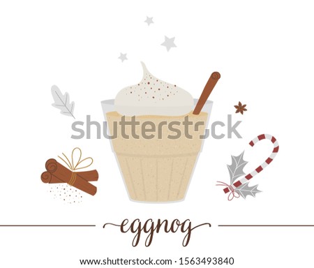Vector illustration of eggnog isolated on white background. Winter traditional drink. Holiday hot beverage with eggs, sugar, anise, cinnamon