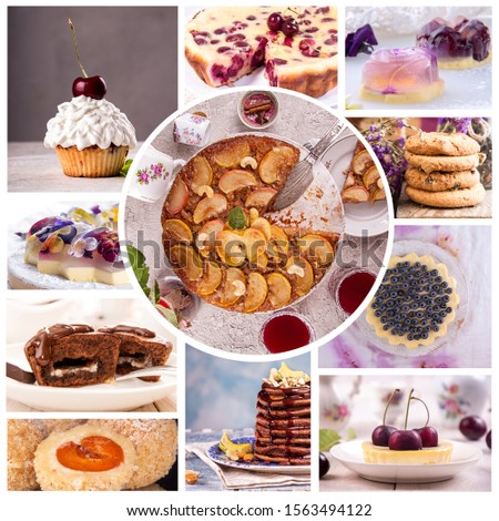 Food set collage of various pictures of pastry sweet pie cake muffin dessert.