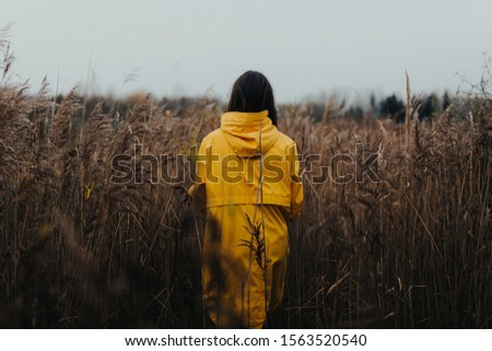 Female in high grass wearing yellow rain coat and looking away from camera - Moody fall scenery with a young girl in bright clothing walking in high grass outdoors Royalty-Free Stock Photo #1563520540