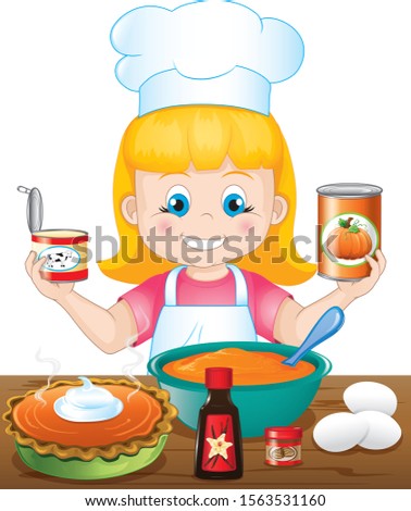 Illustration of a young girl baking a Pumpkin Pie