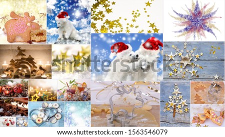 Merry Christmas: Collage of different festive Christmas pictures: golden stars, snowflakes, snow bears with Nicolas caps, baking accessories and other decorations.