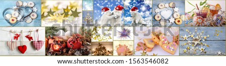 Merry Christmas: Collage of different festive Christmas pictures: golden stars, snowflakes, snow bears with Nicolas caps, baking accessories and other decorations.