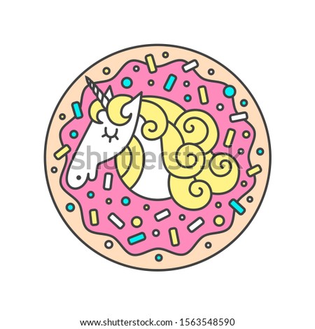 Vector circle composition or logo with unicorn in donut. Cartoon style cute character logotype