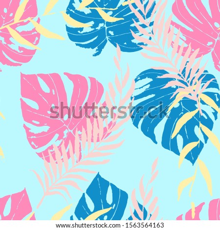 Indigo Jungle Tree Vector Seamless Pattern. Cloud Nature Monstera Illustration Miami Design. Purple Leaves Tropic Pattern. Sscarlet Palm Tree Background