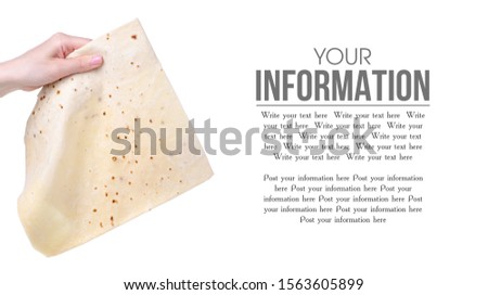 Armenian lavash food in hand on white background isolation, space for text