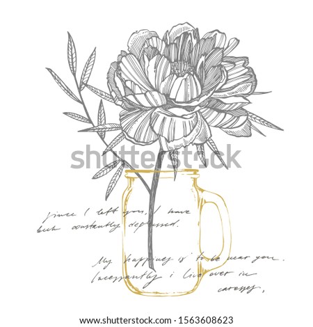 Peony flower and leaves drawing. Hand drawn engraved floral set. Botanical illustrations. Great for tattoo, invitations, greeting cards. Handwritten abstract text