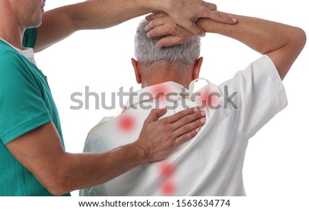 Chiropractic treatment. Shiatsu massage, Back Pain trigger points. Physiotherapy for senior male patient Royalty-Free Stock Photo #1563634774
