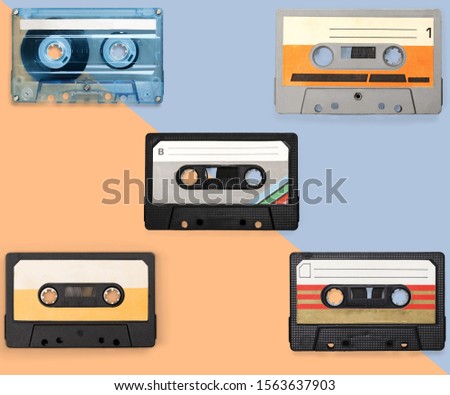 Vintage music cassette tape on retro background. Flat lay. 70's, 80's, 90's old school record technology poster.
