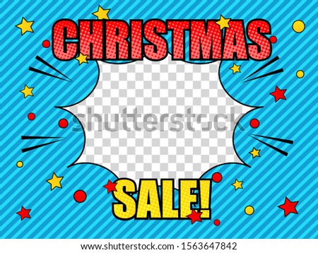 Comic Christmas Sale light concept with speech bubble bright inscriptions sound stars and slanted lines background. Vector illustration