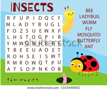 Educational game for children. Word search puzzle. Learn Insects for kids and toddlers.