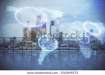 Map hologram with city view from roof background. Double exposure.