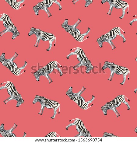 Seamless pattern, background with adult zebra. Realistic drawing, animalism. Illustration on broght background.
