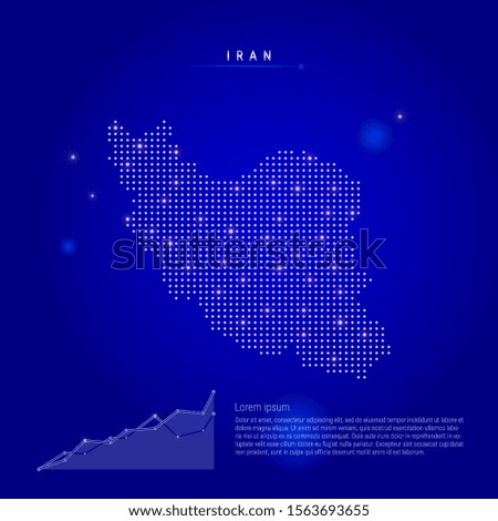 Iran illuminated map with glowing dots. Infographics elements. Dark blue space background. Vector illustration. Growing chart, lorem ipsum text.