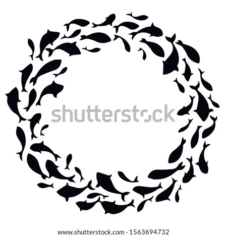 Decorative school of fish. Black silhouettes of fish swimming in a circle. Banner with fish. Vector illustration.