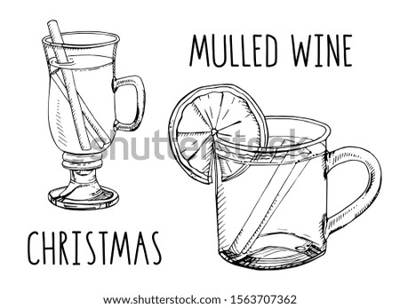Set of hand drawn vector elements isolated on white. Mulled wine with spices and citrus fruit. Traditional winter alcoholic beverage. Popular Christmas drink. Menu decoration. Modern lettering