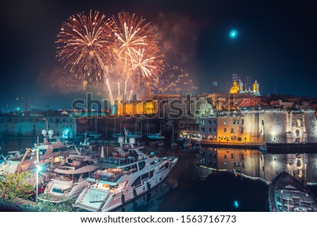 Malta Valletta night Festival of fireworks. Travel concept.