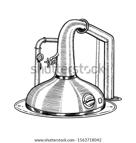 Pot Swan necked copper stills distillery for making alcohol. Engraved hand drawn vintage retro sketch for logo or whiskey label or alcohol menu. Vector illustration. Royalty-Free Stock Photo #1563718042