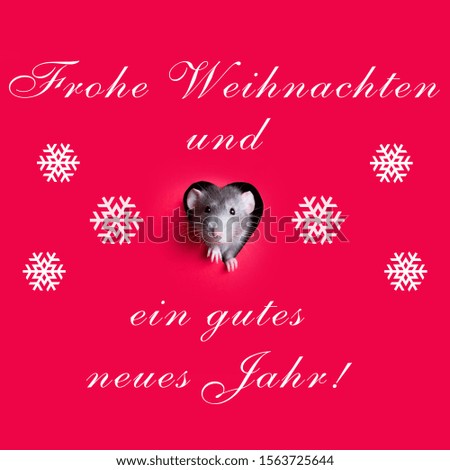 Greeting card. Cute funny rat is looking out of a hole in the shape of a heart in red paper. The rat is a symbol of the 2020 foot. The inscription in German is "Merry Christmas and Happy New Year." 