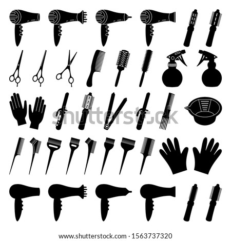 37 black and white hairdresser tools. Beauty salon equipment. Hair dresser themed vector illustration for icon, stamp, label, certificate, brochure, leaflet, poster or banner decoration Royalty-Free Stock Photo #1563737320