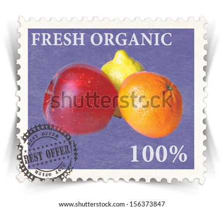 Label for various fresh organic products advertisements stylized as vintage post stamp - landscape view 