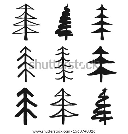 Christmas tree Hand drawn set. Pine trees collection vector Illustration isolated on white background.