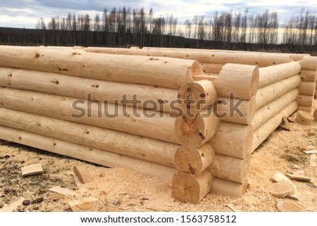 Drying and assembly of a wooden log house at a construction base. Preparation of logs for the assembly of the structure. Materials for a wooden house.