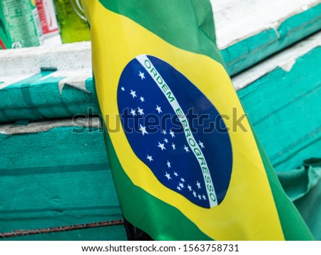 Brazilian flag. Outdoors. Icarai Beach, Niteroi, Rio de Janeiro, Brazil.