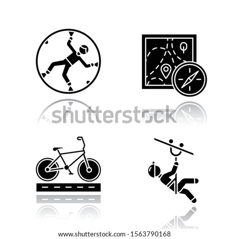 Extreme sports drop shadow black glyph icons set. Zorbing, globe-riding. Foot orienteering. Navigation equipment. Cycling, bicycle racing. Zipline, canopy tour. Isolated vector illustrations