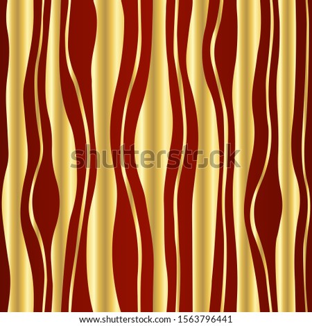 Seamless simple doodle texture with hand drawn abstract golden tapes on dark red background; Vector endless wavy pattern with curves for decor, fabric print, gift wrap, invitations or wrapping paper