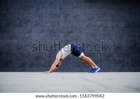 Side view of handsome fit muscular caucasian man doing inchworms exercise and looking at camera. Royalty-Free Stock Photo #1563799042
