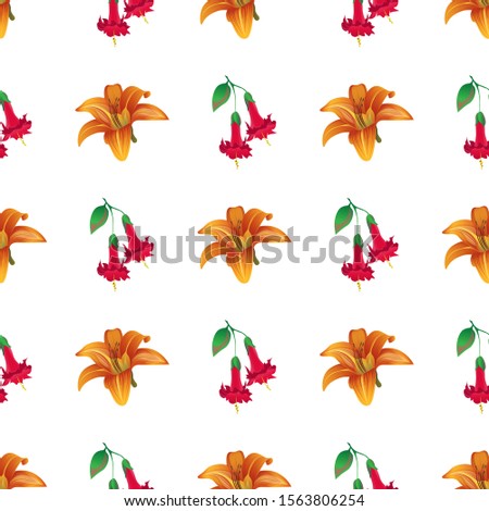 Orange Daylily. Red Angel Trumpet. Vector illustration. Seamless background pattern. Floral botanical flower. Wild leaf wildflower isolated. Exotic tropical hawaiian jungle. Fabric wallpaper print.