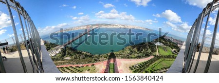 Panoramic aerial view over Shadow of Christ statue in Lisbon Almada - travel photography