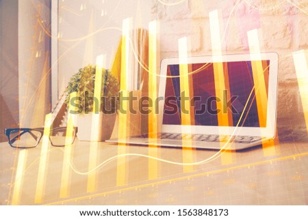 Forex market graph hologram and personal computer on background. Double exposure. Concept of investment.