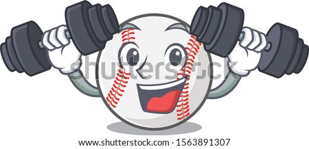 Cartoon baseball with in a character with bring barbell