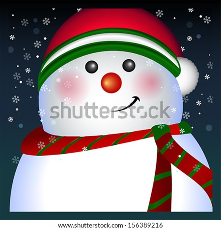 Snowman with blank banner, Christmas and New Year greeting card. Winter holiday background, vector