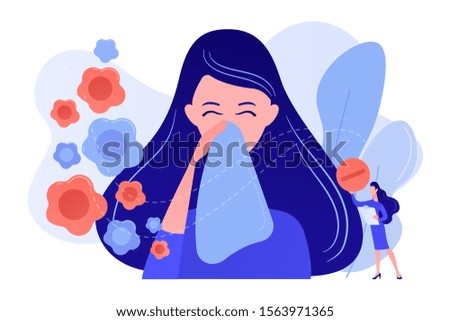 Female allergic to spring flowers sneezing and taking medicine. Seasonal allergy, seasonal allergy diagnosis, pollen allergy immunotherapy concept. Pinkish coral bluevector vector isolated Royalty-Free Stock Photo #1563971365