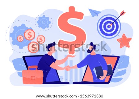 B2B sales person selling products and services to buyer in laptop. Business-to-business sales, B2B sales method, wholesale business trend concept. Pink coral blue vector isolated illustration Royalty-Free Stock Photo #1563971380