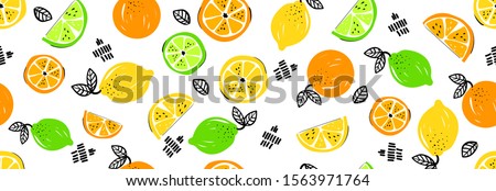 Seamless bright light pattern with Fresh citrus for fabric, drawing labels, print on t-shirt, wallpaper of children's room. Slices oflemon, lime, orange, citrus doodle style cheerful background. Royalty-Free Stock Photo #1563971764