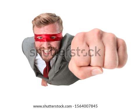 confident superhero businessman flying forward. photo with space for text
