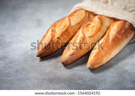 Fresh homemade crispy baguette in an eco bag. eco style no plastic. Copy space. Selective focus